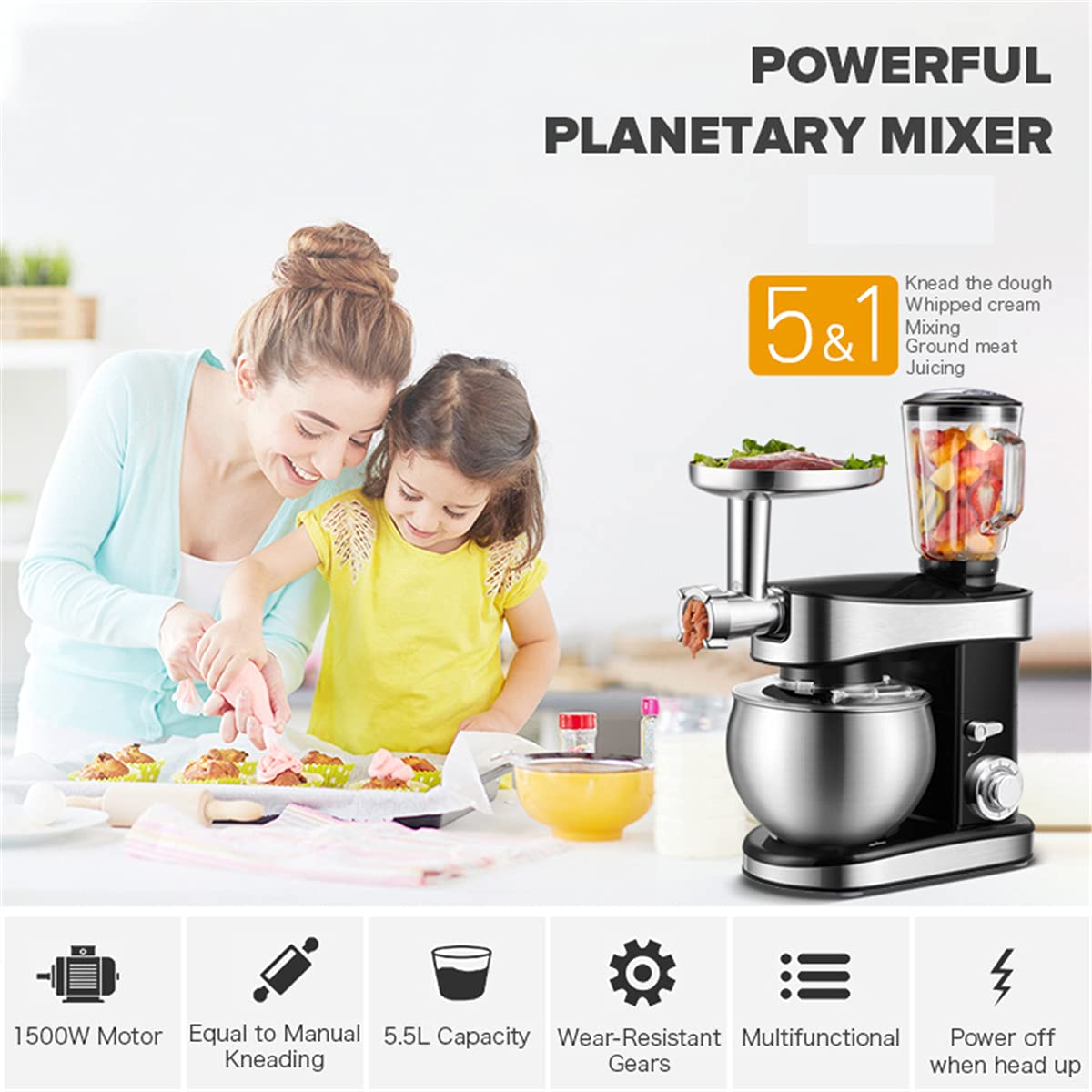 HIZQ Batidora Amasadora 5,5 L 1500W Acero Inoxidable