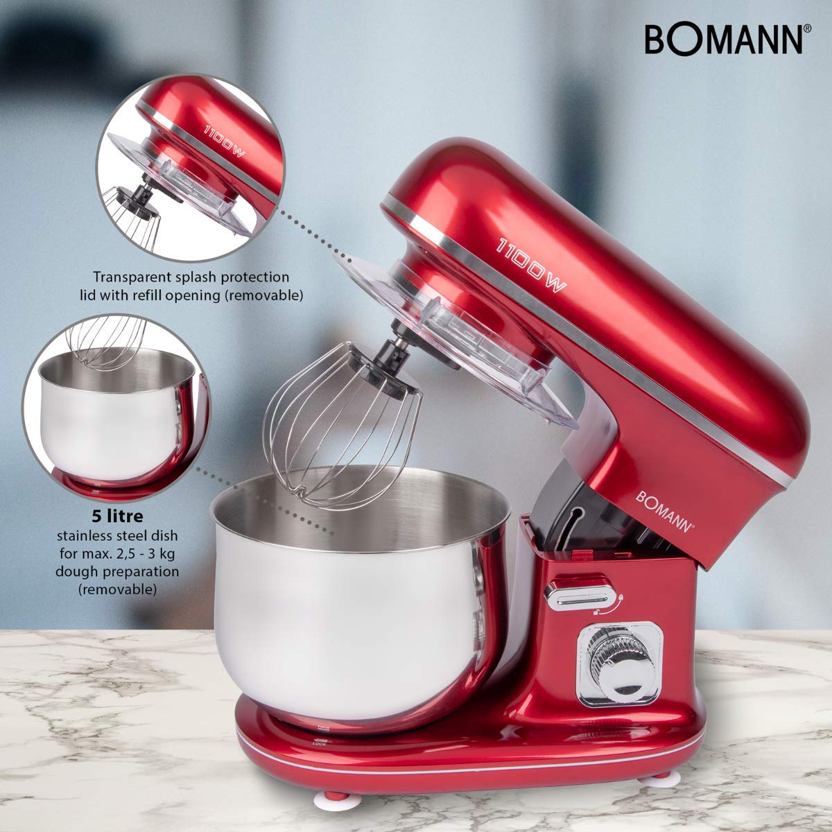 Bomann Batidora y Amasadora 5L 1100W Rojo